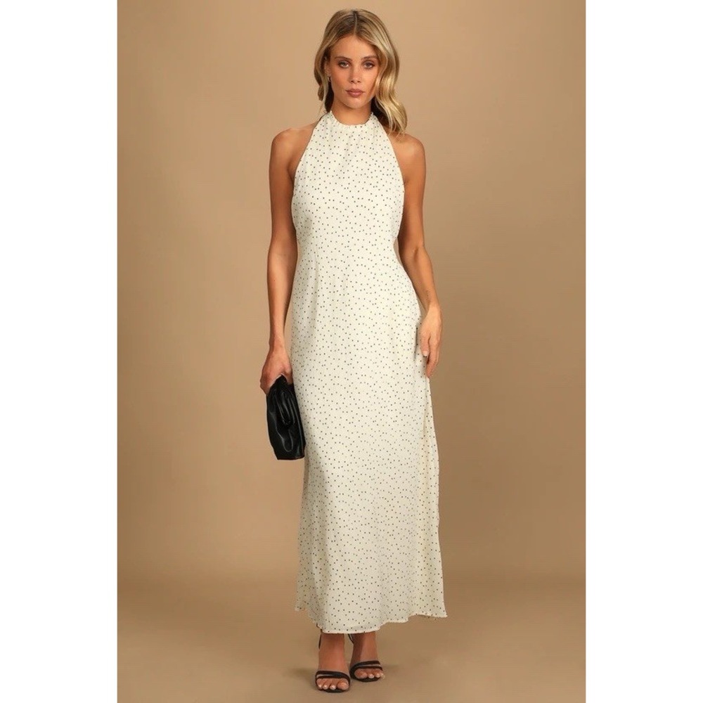 Lulus Wonder Years Ivory Polka Dot Halterโ Maxi Dress Large